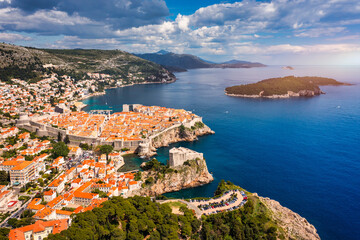 The aerial view of Dubrovnik, a city in southern Croatia fronting the Adriatic Sea, Europe. Old...
