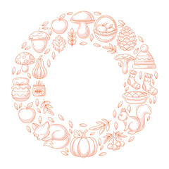 Autumn round frame, space for text in the middle. Minimalist monochrome red cozy seasonal fall elements. Vector flat illustration for greeting card, postcard, invitation, social media, poster