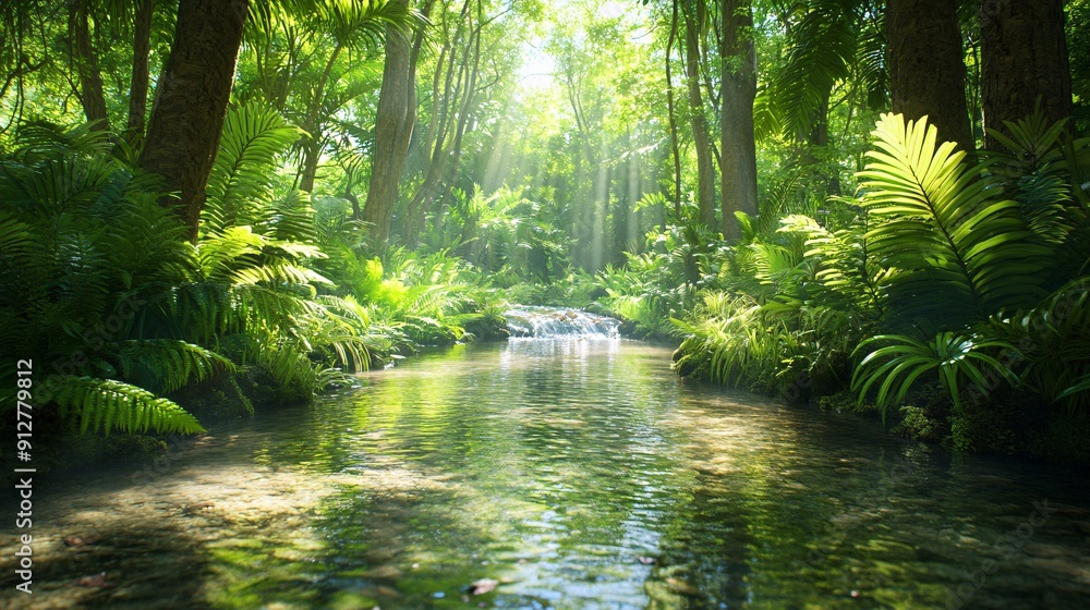 Poster a serene forest landscape featuring a pristine stream with clear water and dense green foliage stock