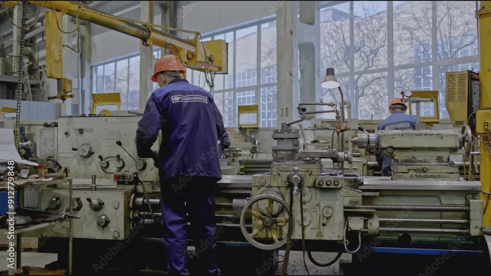 Poster factory workers with machine tools. stock clip. work shift at metallurgical plant with automated mac