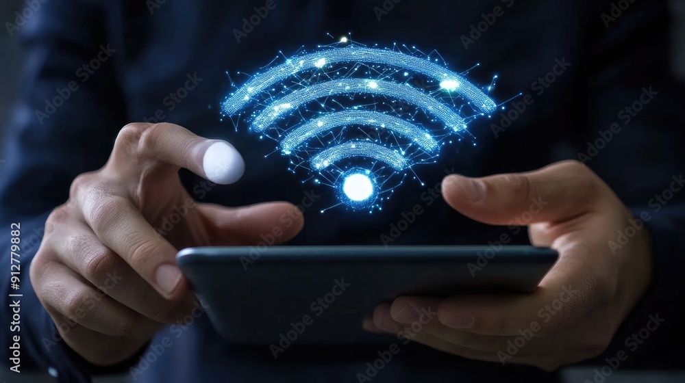 Poster a person interacts with a tablet displaying wifi signals in a contemporary office environment