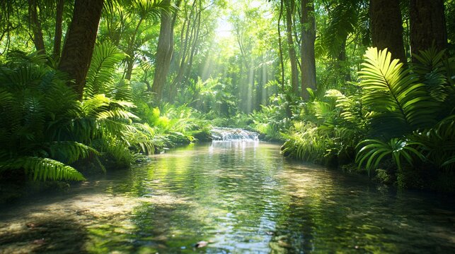 A serene forest landscape featuring a pristine stream with clear water and dense green foliage Stock Photo with copy space