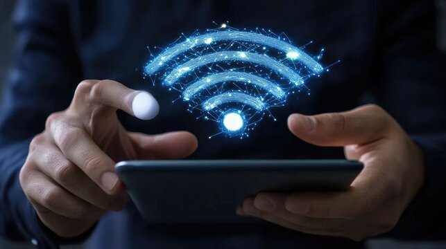 A person interacts with a tablet displaying wifi signals in a contemporary office environment