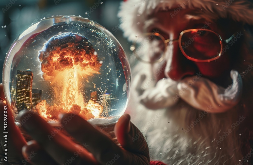 Poster inside the snow globe santa is holding, a nuclear explosion occurs in the shape of a mushroom cloud 