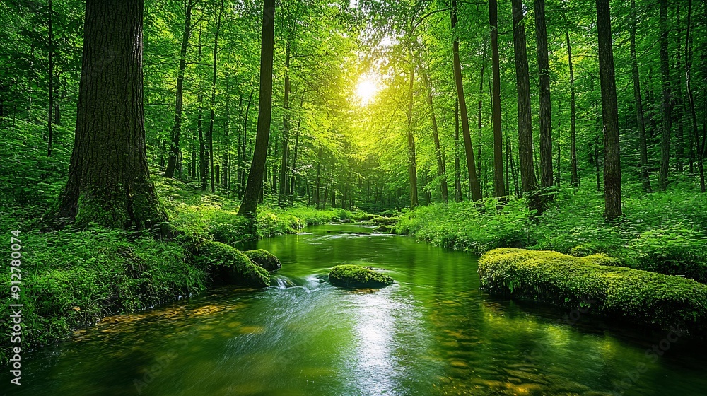 Aufkleber a beautiful forest scene with a clear stream flowing through lush green surroundings and vibrant col
