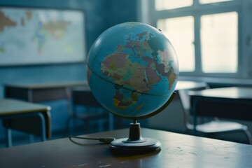 A classic globe sits on a wooden desk in an empty classroom, softly lit by the window light, evoking memories of geography lessons.