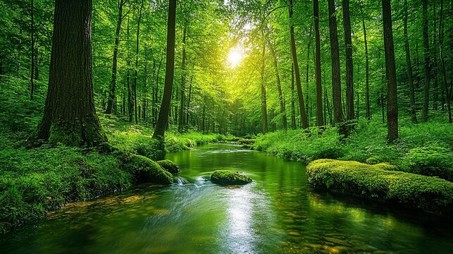 A beautiful forest scene with a clear stream flowing through lush green surroundings and vibrant colors Stock Photo with copy space