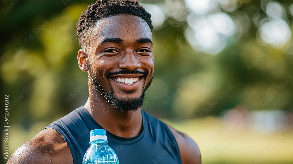 Poster an athlete hydrating mid-exercise with sweat dripping down their face and a lively energetic atmosph