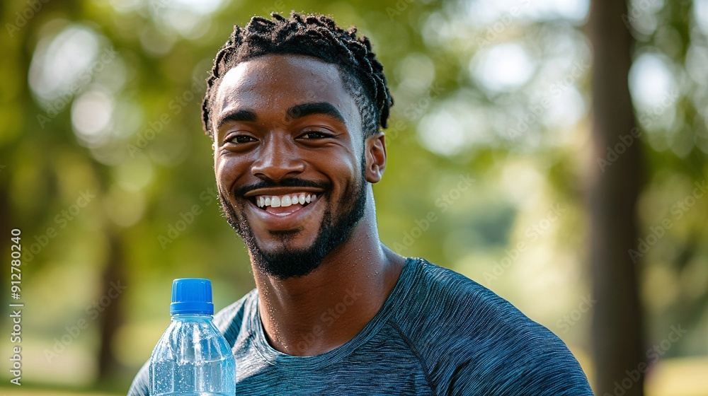 Poster an athlete hydrating mid-exercise with sweat dripping down their face and a lively energetic atmosph