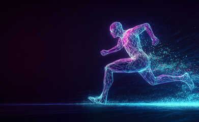 A digital illustration of a glowing, dynamic runner made of light particles, sprinting against a dark background.
