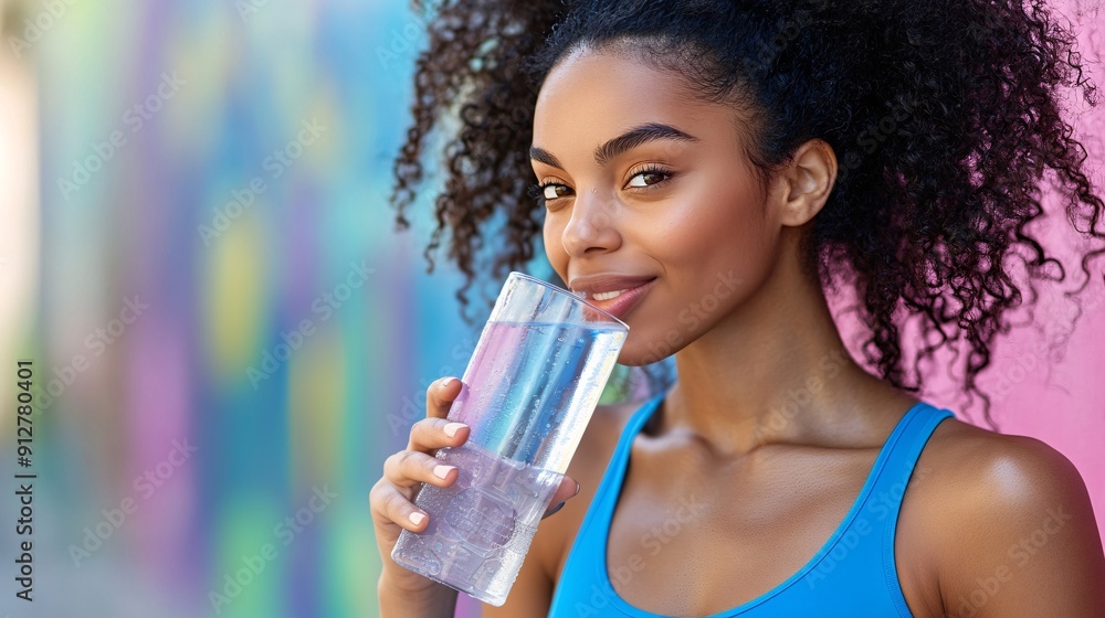 Poster a fitness enthusiast gulping water during a vigorous workout with sweat beads and a vibrant dynamic 