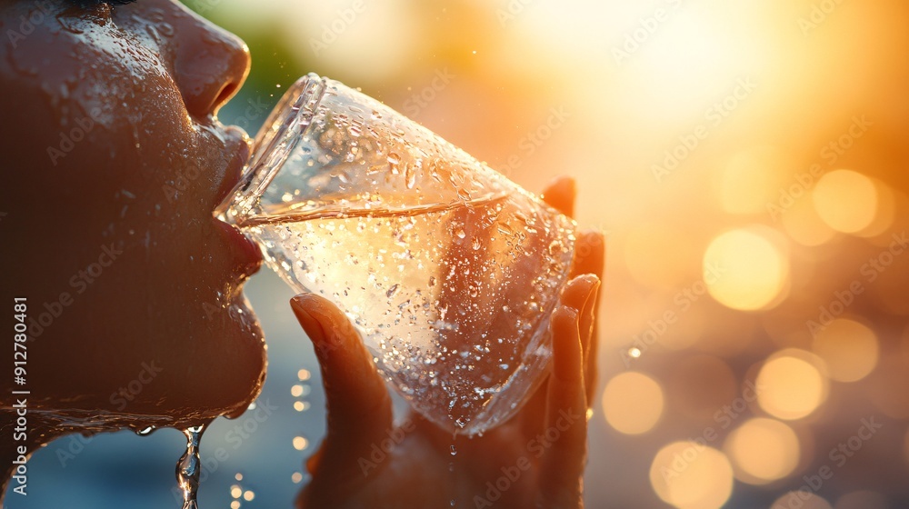 Poster a person taking a refreshing sip of water during an intense workout with beads of sweat glistening a