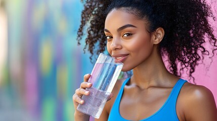 A fitness enthusiast gulping water during a vigorous workout with sweat beads and a vibrant dynamic backdrop Stock Photo with copy space
