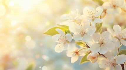 Close-up of a blooming fruit tree branch with delicate white flowers, set against a bright spring background.