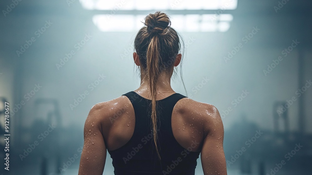 Poster a person cooling down with water while sweating profusely during an intense workout vibrant and ener