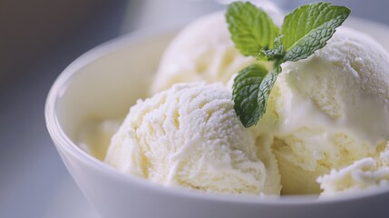 Close-up of a bowl of ice cream garnished with mint leaves, highlighting the creamy texture and vibrant colors.