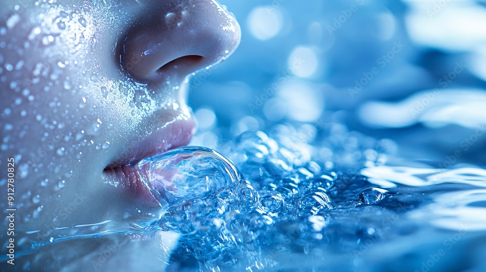 Poster mid-workout hydration a person sips water with sweat dripping down their face and an energetic dynam