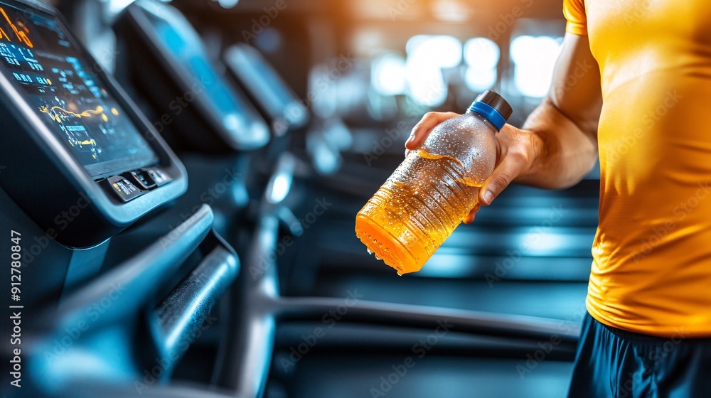 Aufkleber A person hydrating during an intense workout session with sweat on their brow and a vibrant lively atmosphere Stock Photo with copy space
