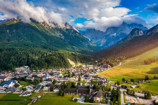 Kranjska Gora town in Slovenia at summer with beautiful nature and mountains in the background. View of mountain landscape next to Kranjska Gora in Slovenia, view from the top the town Kranjska Gora.
