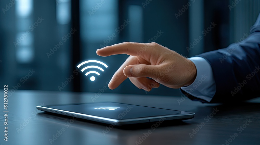 Poster a person interacts with a tablet displaying wifi signals in a contemporary office environment