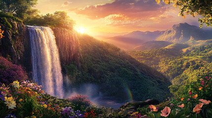 Paradise Falls: A Majestic Sunset in Nature's Eden