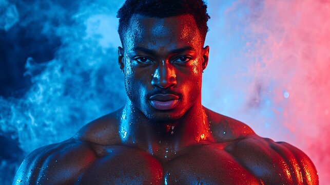 A fitness enthusiast sipping water during a sweaty workout with a colorful vibrant background Stock Photo with copy space
