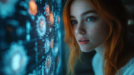 A scientist analyzing a holographic projection of a virus