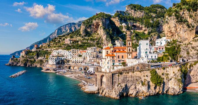 Aerial view of Atrani famous coastal village located on Amalfi Coast, Italy. Small town Atrani on Amalfi Coast in province of Salerno, Campania region, Italy. Atrani town on Amalfi coast, Italy.