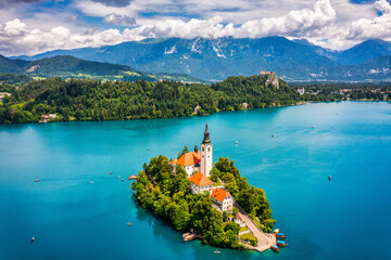 Lake Bled in Slovenia. Beautiful mountains and Bled lake with small Pilgrimage Church. Bled lake...