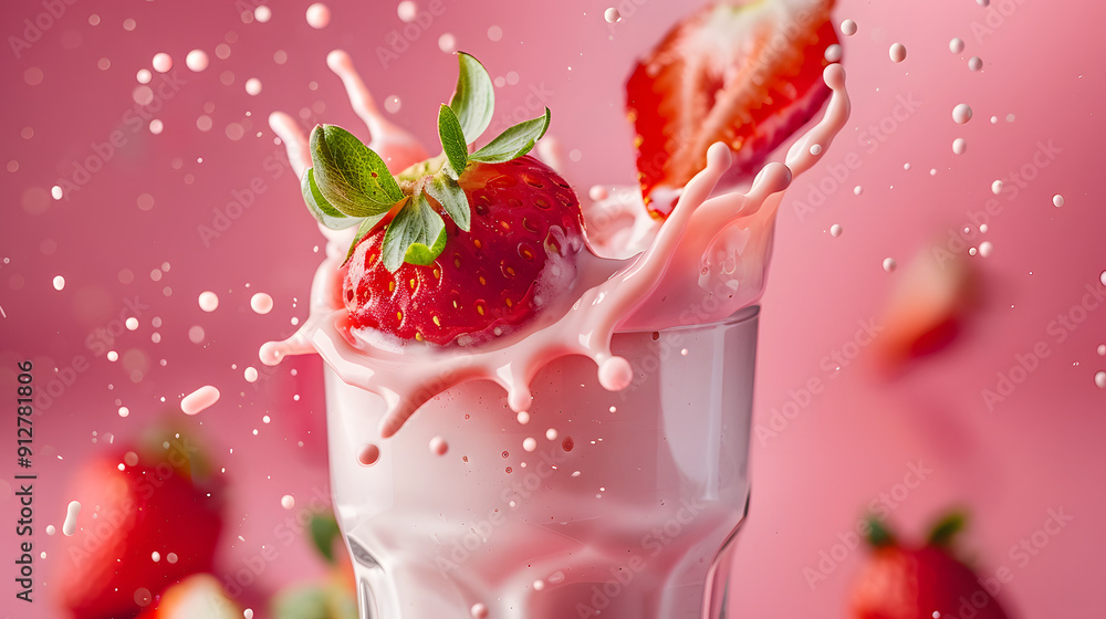 Aufkleber strawberry dropping into a milk shake creating a splash.