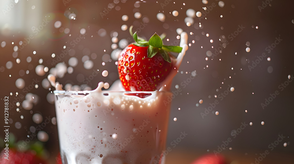 Aufkleber strawberry dropping into a milk shake creating a splash.