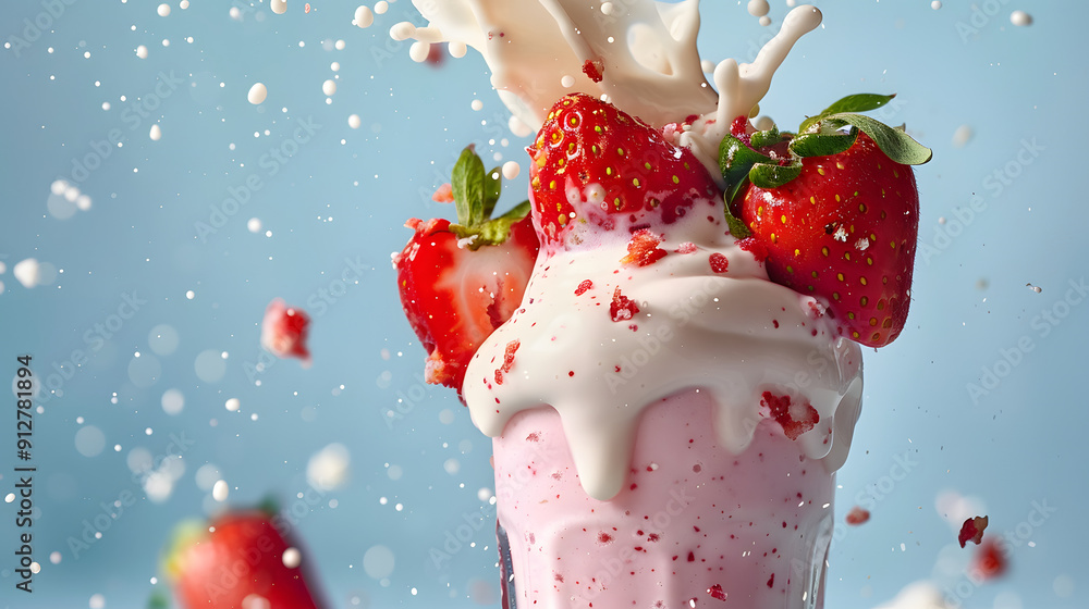 Poster strawberry dropping into a milk shake creating a splash.
