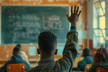 Back view of black secondary schoolboy rising hand up in school at the lesson. Rear view of African American boy teenager studying in classroom. Back to school