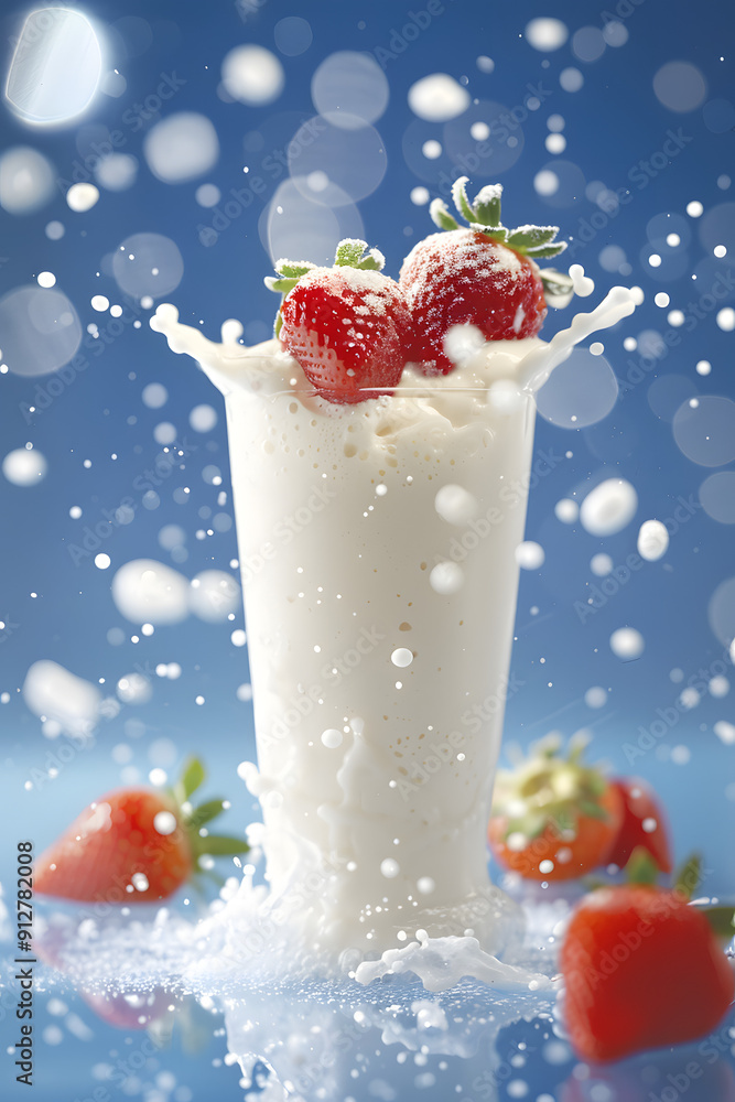 Poster strawberry dropping into a milk shake creating a splash.