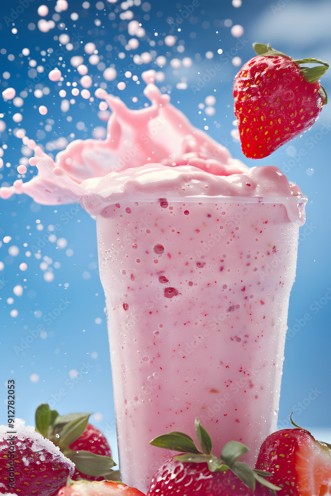 Aufkleber strawberry dropping into a milk shake creating a splash.