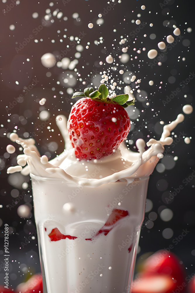Poster strawberry dropping into a milk shake creating a splash.