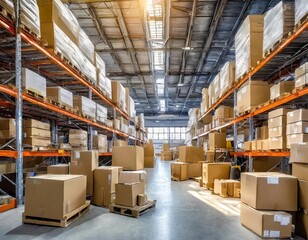 Warehouse with a multitude of boxes and packages for delivery of product purchases