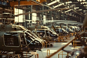 A row of military helicopters aligns under industrial lights in a vast, orderly hangar, showcasing precision in maintenance and storage within an advanced facility.