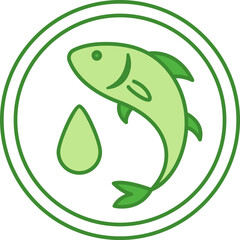 Green Icon of Omega 3 Fatty Acids. Vector Icon. Sea Fish and Drop of Oil. Label for Medicine and Food Packaging