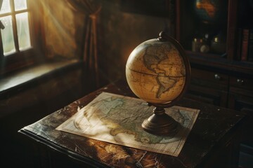 An antique globe sits on a wooden table with an old map, enveloped in warm sunlight, invoking a sense of nostalgia and exploration.