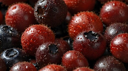 close-up photo of a mix of blueberries and raspberries. Blackberries, redberries