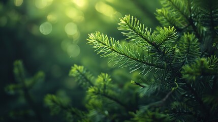 Fototapeta premium A close-up of lush, green pine needles in the sunlight with copy space