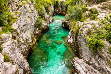 Amazing  Soca river gorge in Slovenian Alps. Great Soca Gorge (Velika korita Soce), Triglav National park, Slovenia. Great canyon of Soca river, Bovec, Slovenia. Soca Gorge in Triglav National Park.