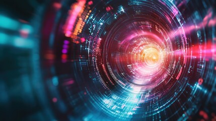 Obraz premium Abstract circular glowing tunnel with neon lights and digital code.