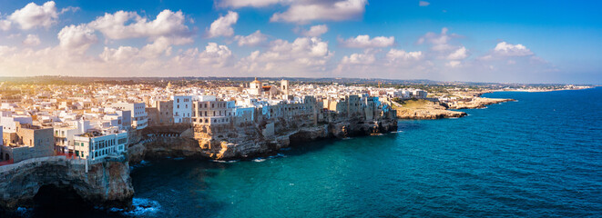 Spectacular cityscape of Polignano a Mare town, Puglia region, Italy, Europe. Polignano Al Mare, scenic small town in Puglia, Italy. Polignano a Mare village on the rocks, Bari, Apulia, Italy.