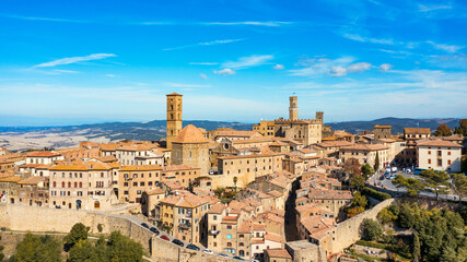 Tuscany, Volterra town skyline, church and panorama view. Maremma, Italy, Europe. Panoramic view of Volterra, medieval Tuscan town with old houses, towers and churches, Tuscany, Italy.