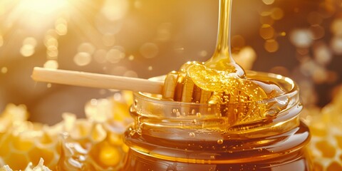 Honey dripping into a jar with honeycomb in the background.