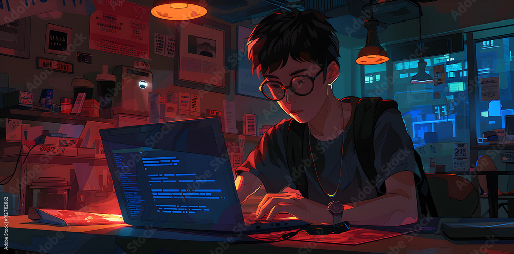 Poster student attending an online class via laptop in a cafe setting