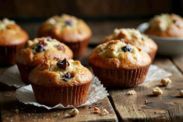 Muffins on rustic wooden background