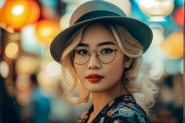 A woman wearing a hat and glasses is standing in front of a lighted area